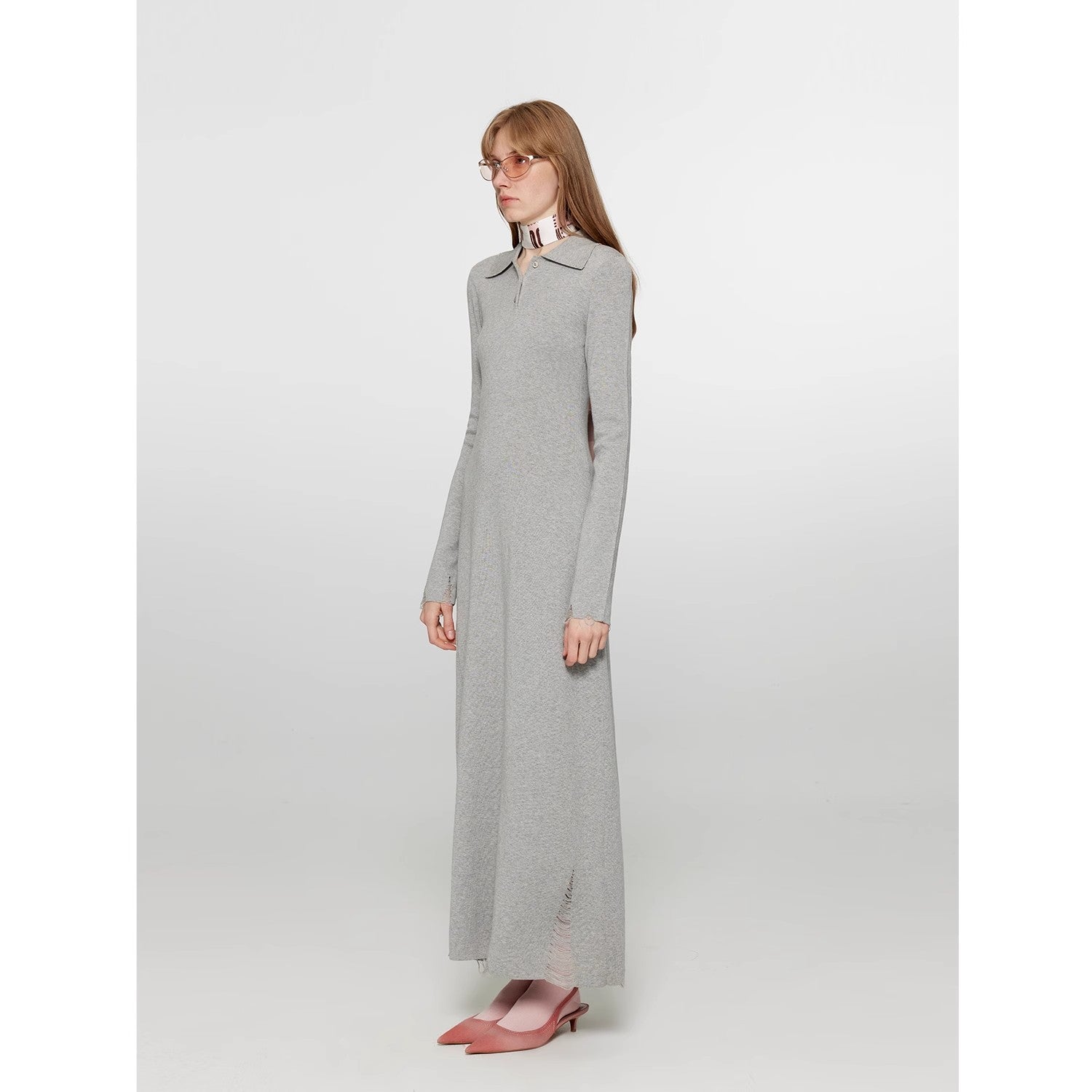 "Spring Muse" Merino Wool / Exquisite Polo Collar Waist-cinching Knit A-line Dress for Women-0