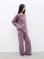 "Half-Ripe Winter" Cashmere Comfortable Loose-Fit Crewneck Sweater and Straight-Leg Knit Pants Set-0