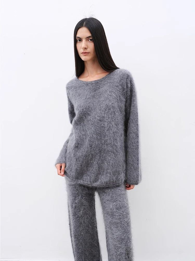 "Half-Ripe Winter" Cashmere Comfortable Loose-Fit Crewneck Sweater and Straight-Leg Knit Pants Set-1