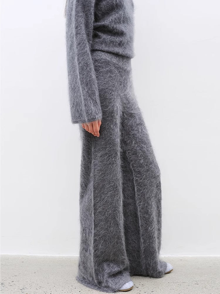 "Half-Ripe Winter" Cashmere Comfortable Loose-Fit Crewneck Sweater and Straight-Leg Knit Pants Set-2