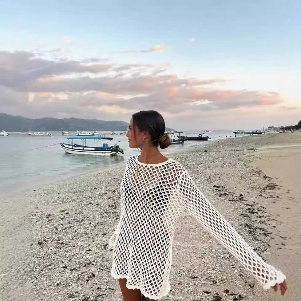 Long-Sleeve Knit Openwork Maxi Dress — Women's Beach Cover-Up Summer 2026