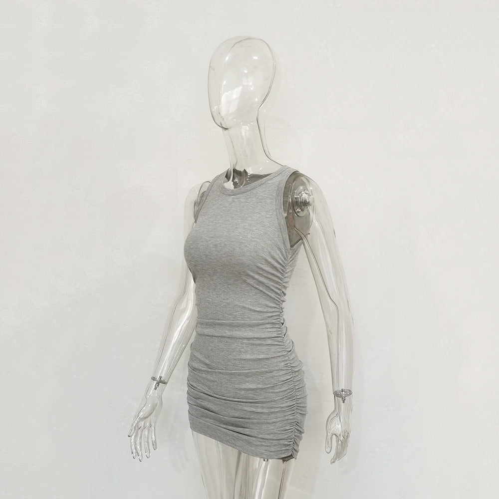 Women's Ribbed Cotton Pleated Dress - Casual Style