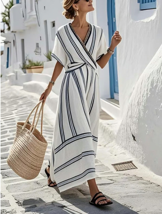 Robe Longue Boho Imprimée Manches Courtes — Robe de Plage Femme Été 2026