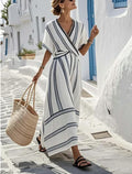 Robe Longue Boho Imprimée Manches Courtes — Robe de Plage Femme Été 2026