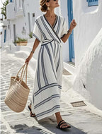 Robe Longue Boho Imprimée Manches Courtes — Robe de Plage Femme Été 2026