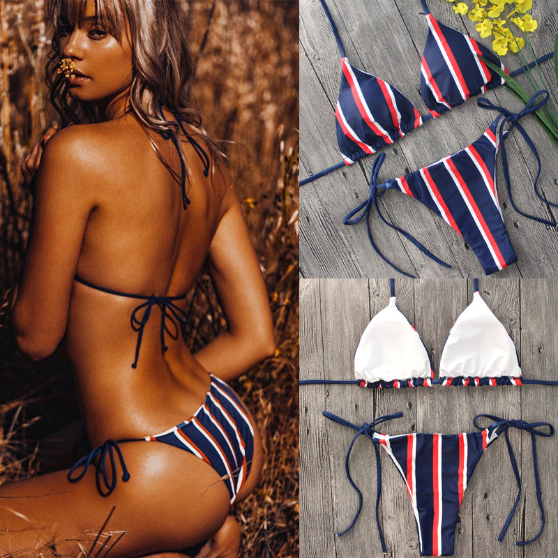 Women's Striped Triangle Bikini - Trendy Two-Piece Swimsuit