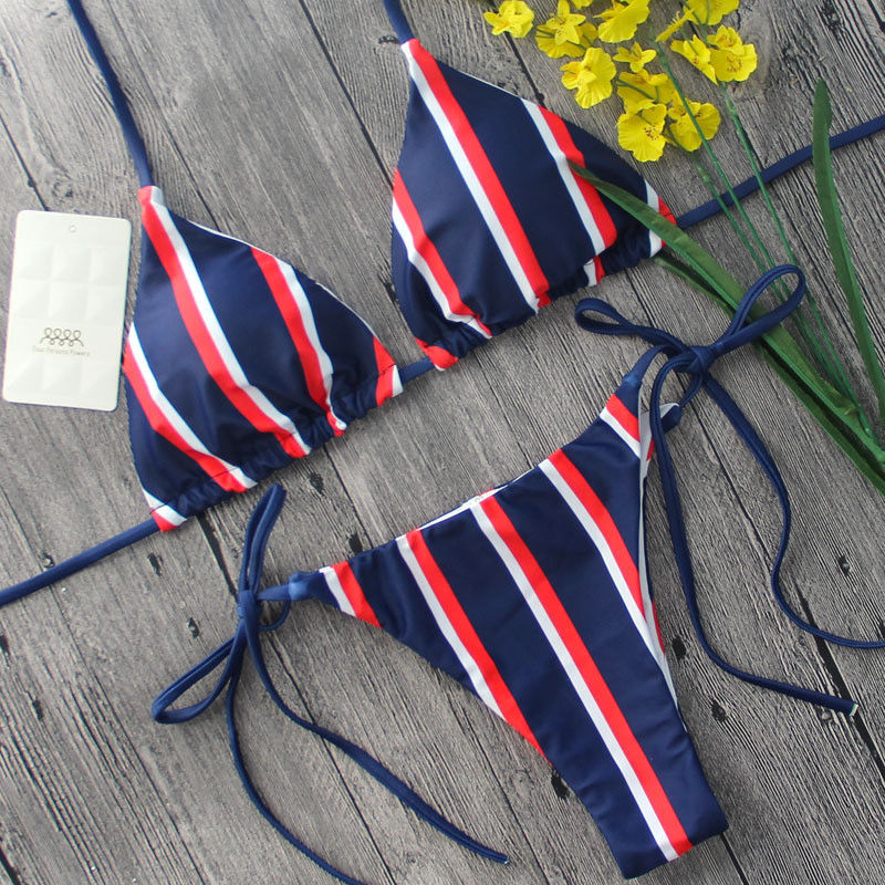 Bikini Triangle Rayé Femme Été - Maillot de Bain 2 Pièces Tendance