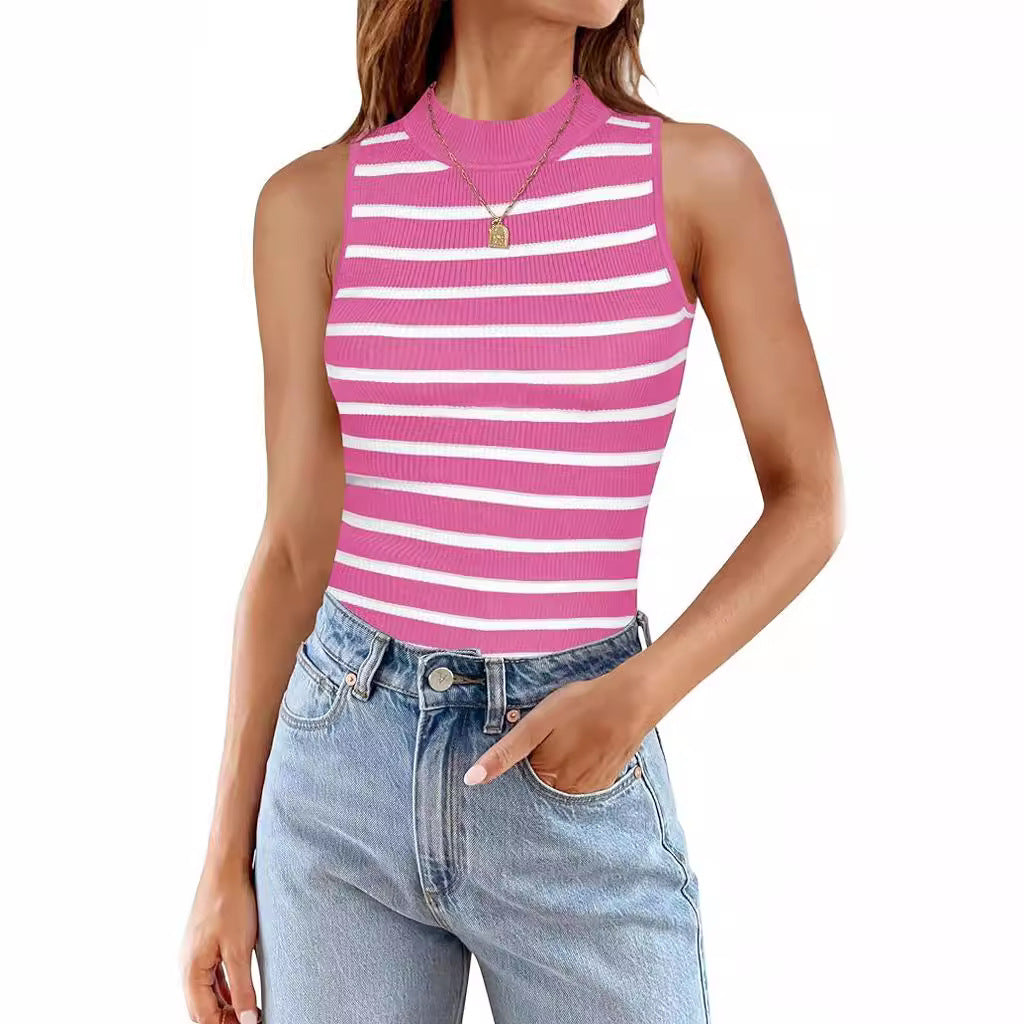 Top de cuello alto sin mangas con rayas para mujer - Corte ajustado