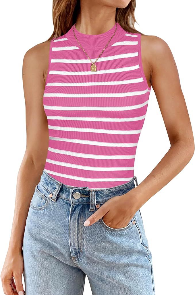 Top de cuello alto sin mangas con rayas para mujer - Corte ajustado