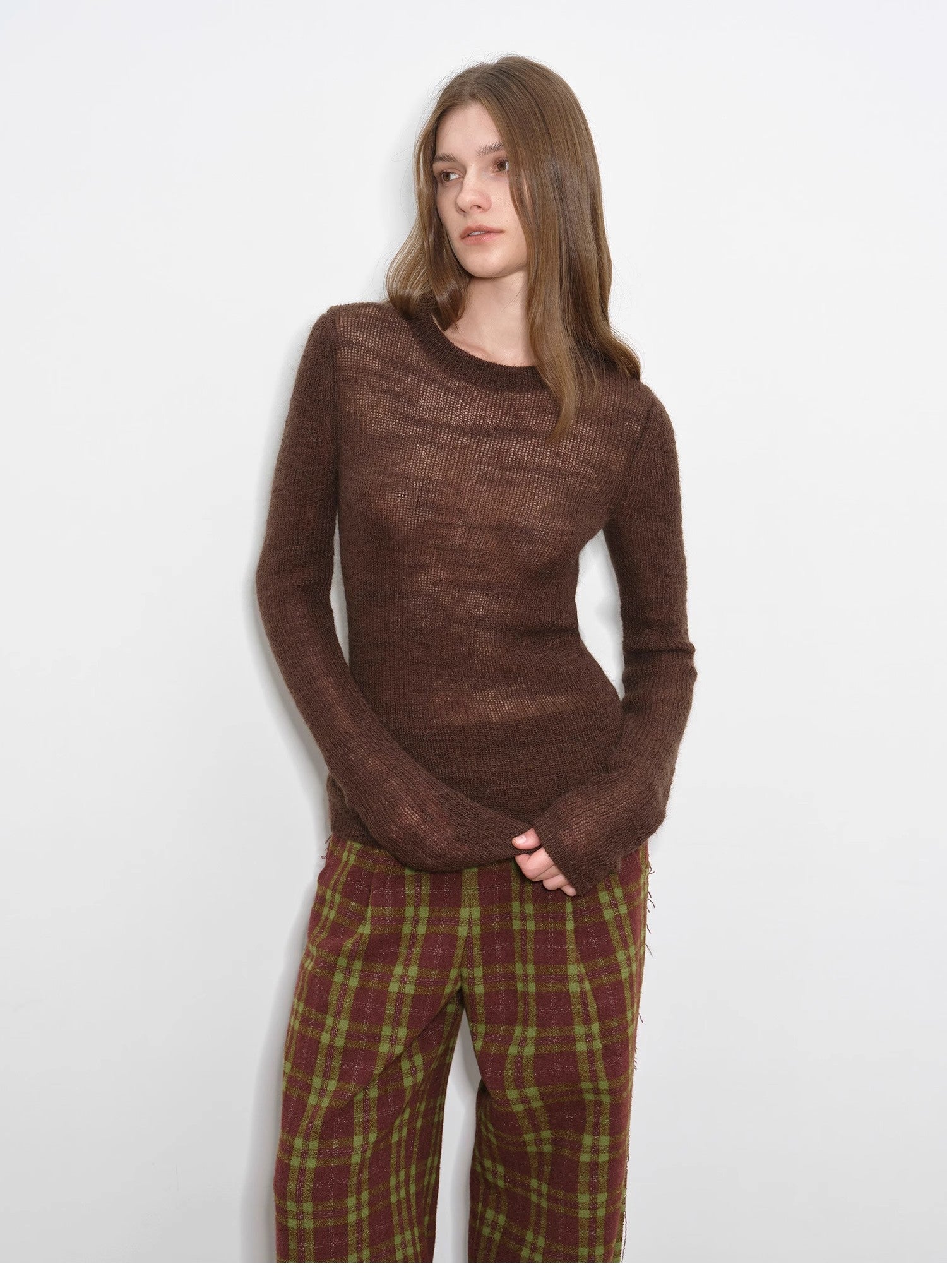 "Lazy Day Essential" Textured Mohair Blend Round Neck Stretch Knit Base Layer for Fall/Winter Women-4