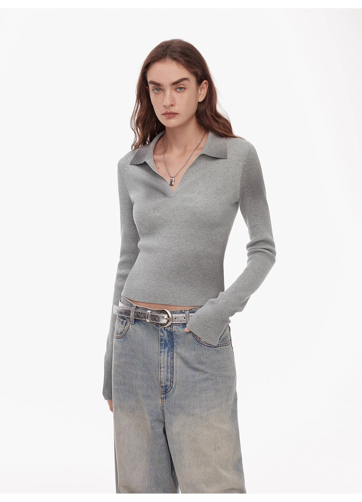 "Artistic Abstract" sfumato distressed printed merino wool waisted polo collar long sleeve short knit sweater-4