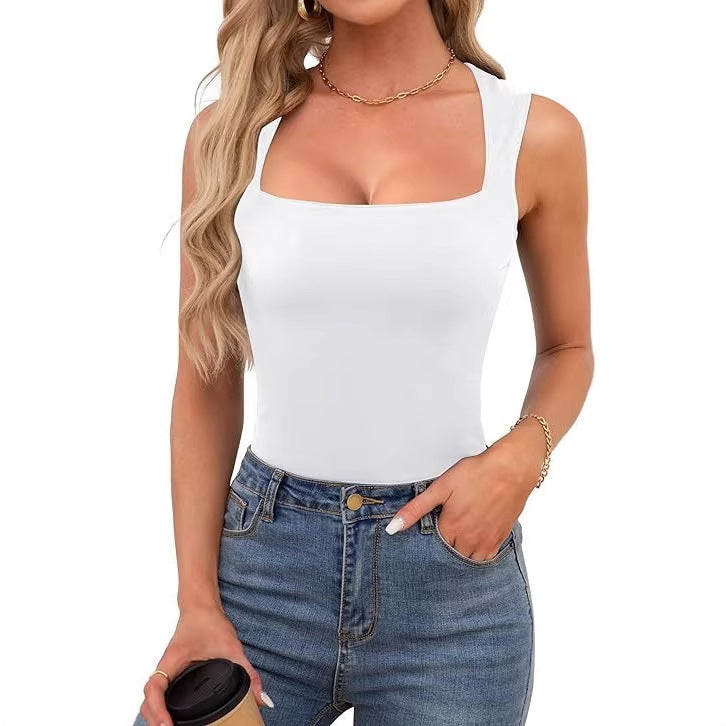 Top Camisole Col Carré Côtelé Femme - Bretelles Fines