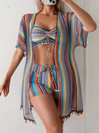 Striped Three-Piece Bikini — Women's Summer Swimsuit Set 2026