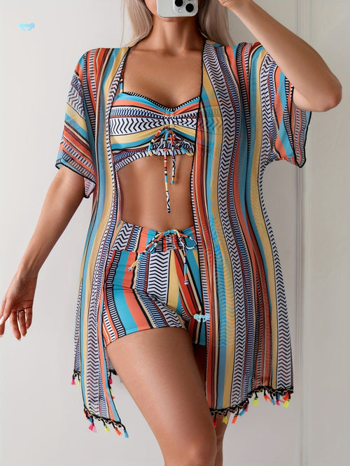 Bikini de tres piezas a rayas — Conjunto de bañador de mujer Verano 2026
