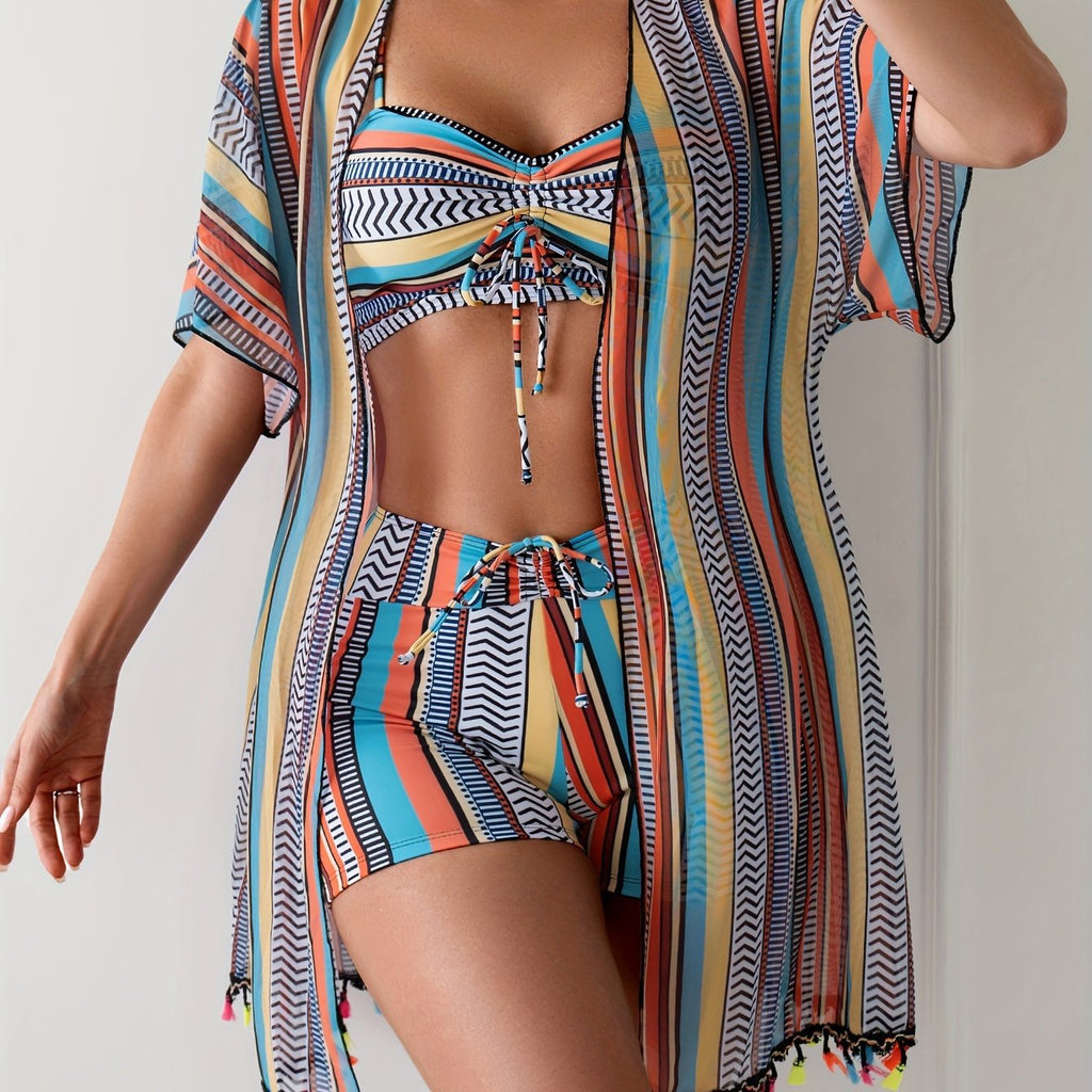 Striped Three-Piece Bikini — Women's Summer Swimsuit Set 2026