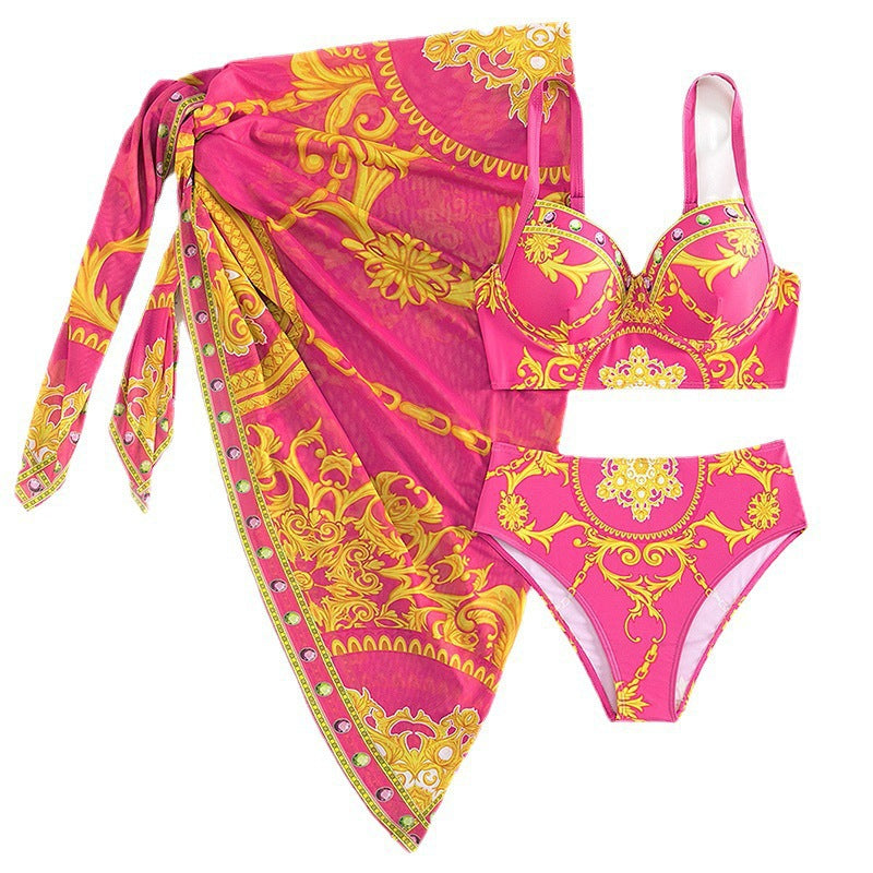 Sexy Retro Print Three-Piece Bikini — Women's Summer 2026 Swimsuit