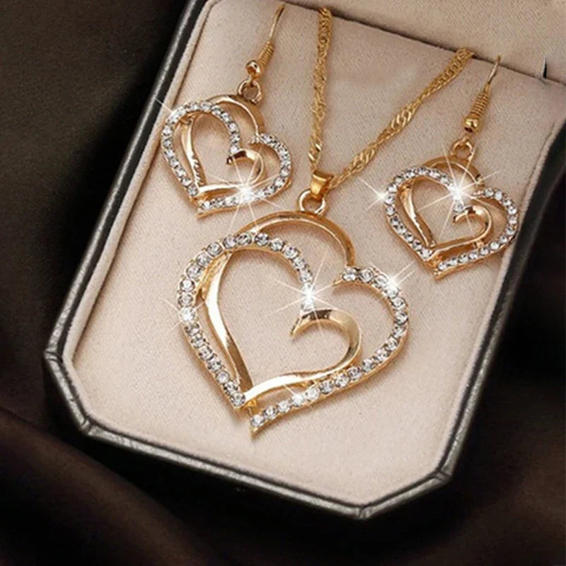 Women's Rhinestone Heart Jewelry Set — Double Heart Necklace + Romantic Earrings