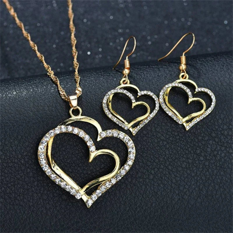 Women's Rhinestone Heart Jewelry Set — Double Heart Necklace + Romantic Earrings