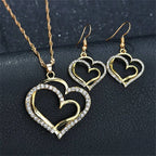 Women's Rhinestone Heart Jewelry Set — Double Heart Necklace + Romantic Earrings