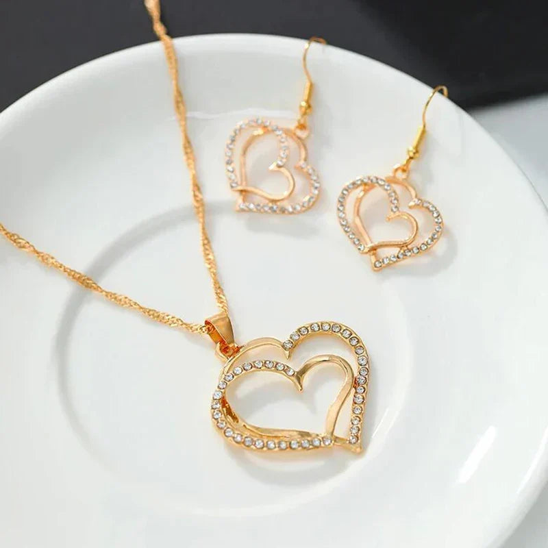Parure Bijoux Femme Cœur Strass — Collier Double Cœur + Boucles d'Oreilles Romantiques