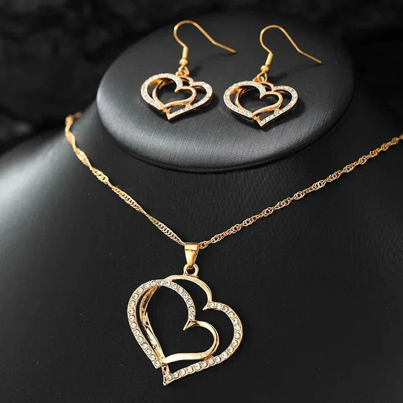 Parure Bijoux Femme Cœur Strass — Collier Double Cœur + Boucles d'Oreilles Romantiques
