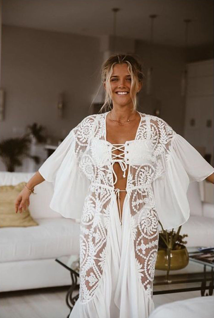 Long Knitted Crochet Beach Dress — Women's Summer 2026 Sarong Cover-Up