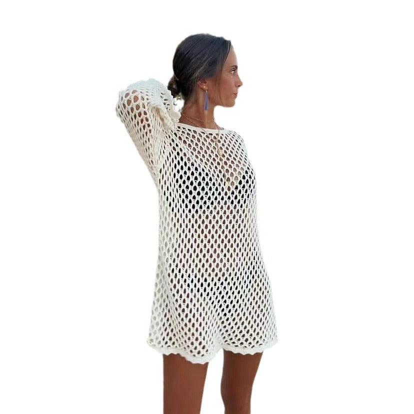 Long-Sleeve Knit Openwork Maxi Dress — Women's Beach Cover-Up Summer 2026