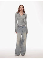 "Artistic Abstract" sfumato distressed printed merino wool waisted polo collar long sleeve short knit sweater-0