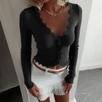 Top Manches Longues Dentelle Côtelé Femme - Style Fashion