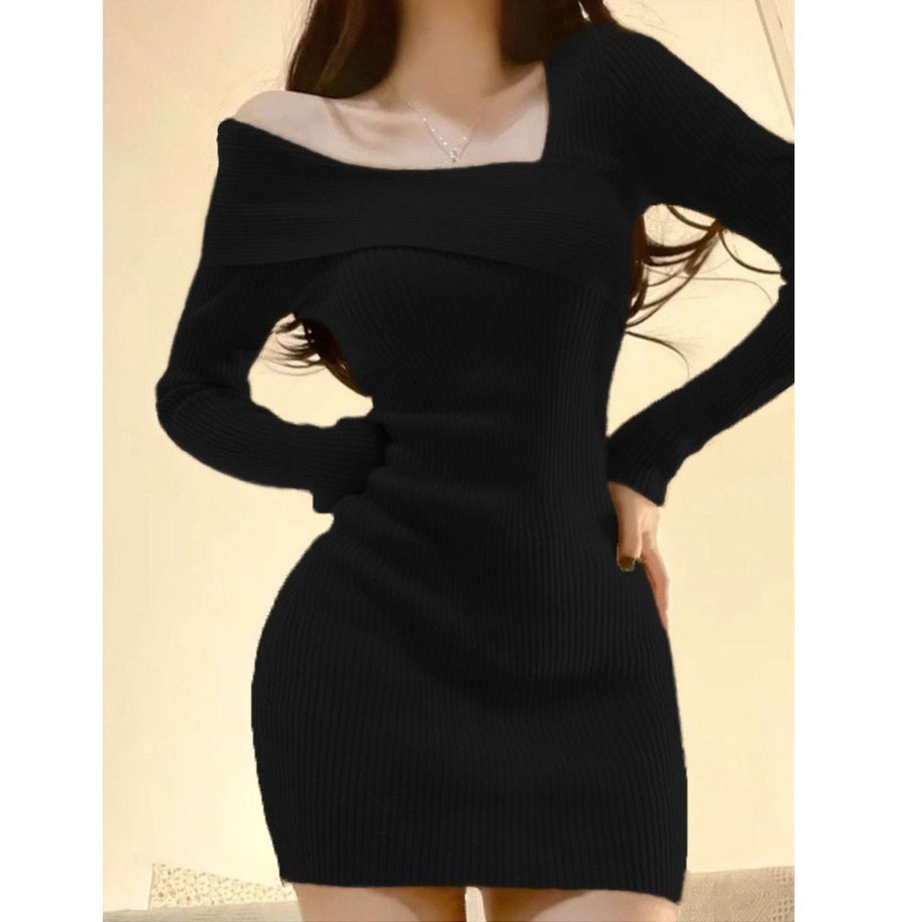 Women's Asymmetrical Shoulder Ribbed Dress - Original Style