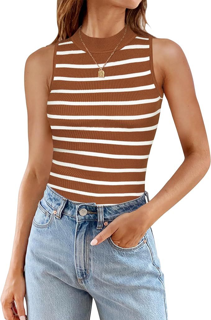 Top de cuello alto sin mangas con rayas para mujer - Corte ajustado