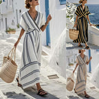 Robe Longue Boho Imprimée Manches Courtes — Robe de Plage Femme Été 2026
