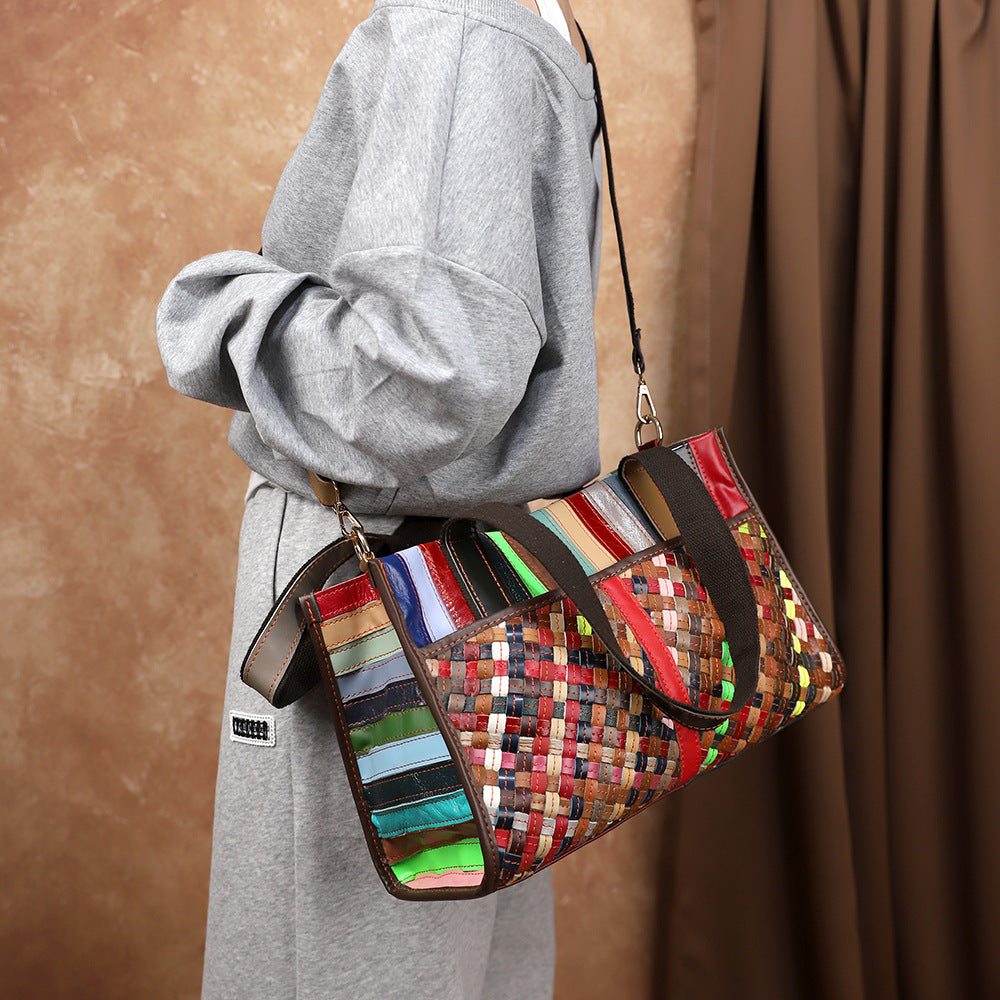 Sac Vintage Femme Cuir Patchwork Tressé Bicolore — Artisanal Luxury FuturaTrend