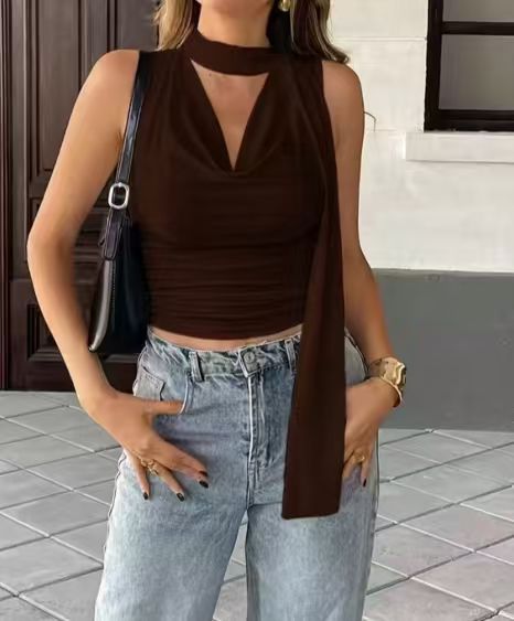 Top de Mujer de Hombros Descubiertos Acanalado - Color Liso