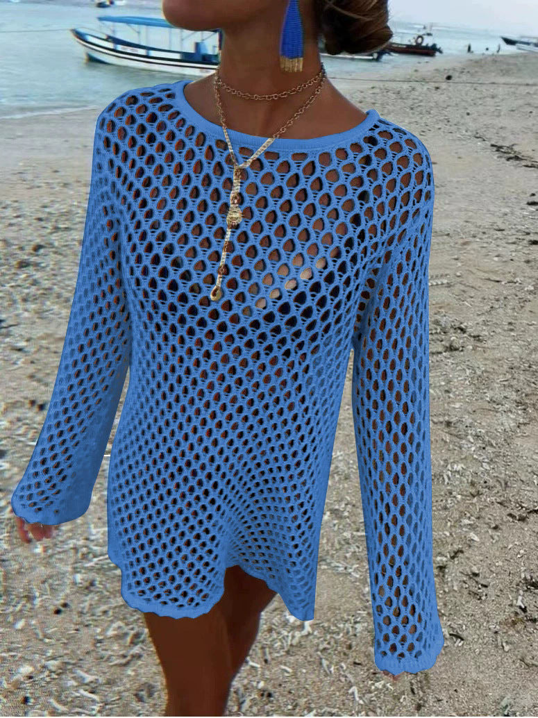 Long-Sleeve Knit Openwork Maxi Dress — Women's Beach Cover-Up Summer 2026