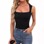 Top Camisole Col Carré Côtelé Femme - Bretelles Fines