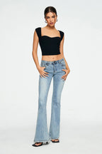 Crop Top Sans Manches Col Cœur Côtelé Femme
