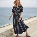 Robe Longue Boho Imprimée Manches Courtes — Robe de Plage Femme Été 2026