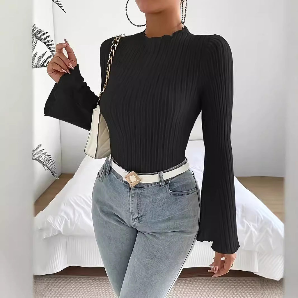 Women's Ribbed Long-Sleeve Top - Elegant Cut