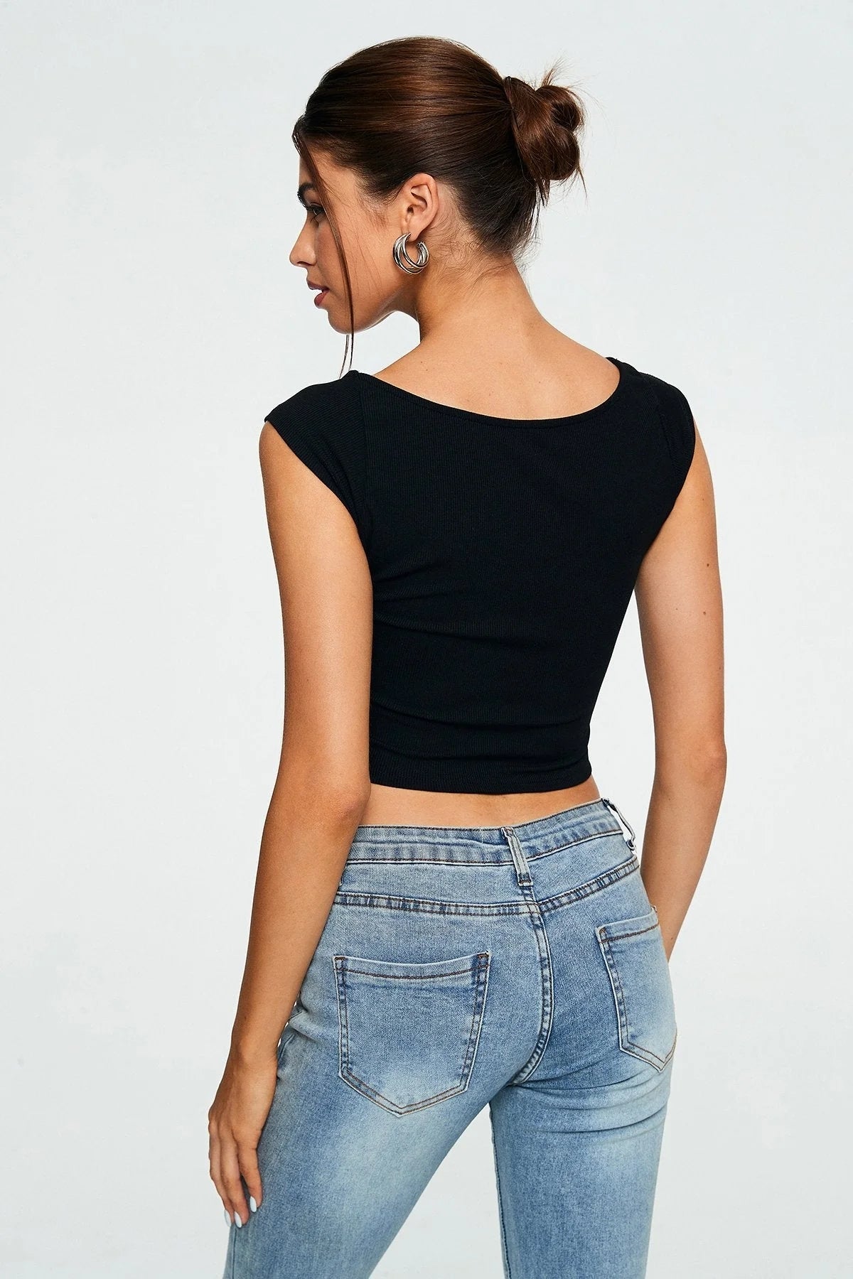 Crop Top sin Mangas con Cuello Corazón y Canalé para Mujer