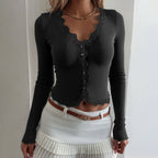 Top Manches Longues Dentelle Côtelé Femme - Style Fashion