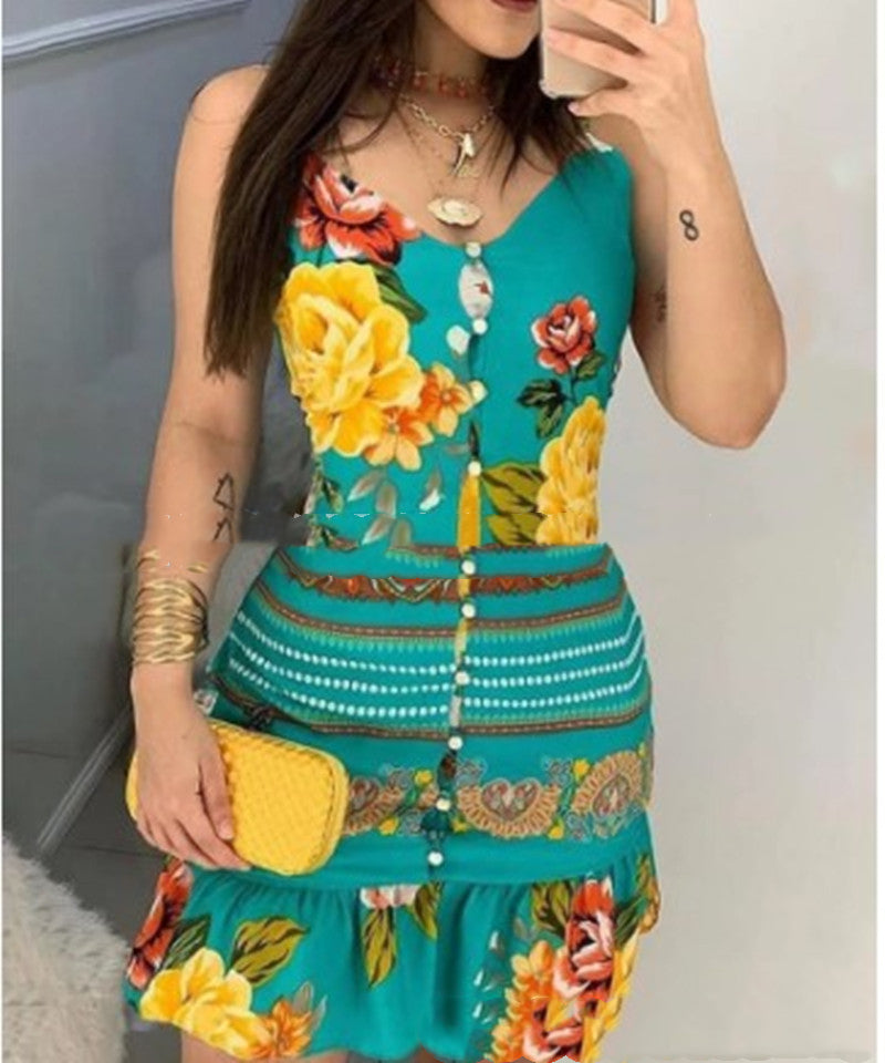 Printed V-Neck Button-Down Dress — Women's Lightweight Summer Dress Summer 2026