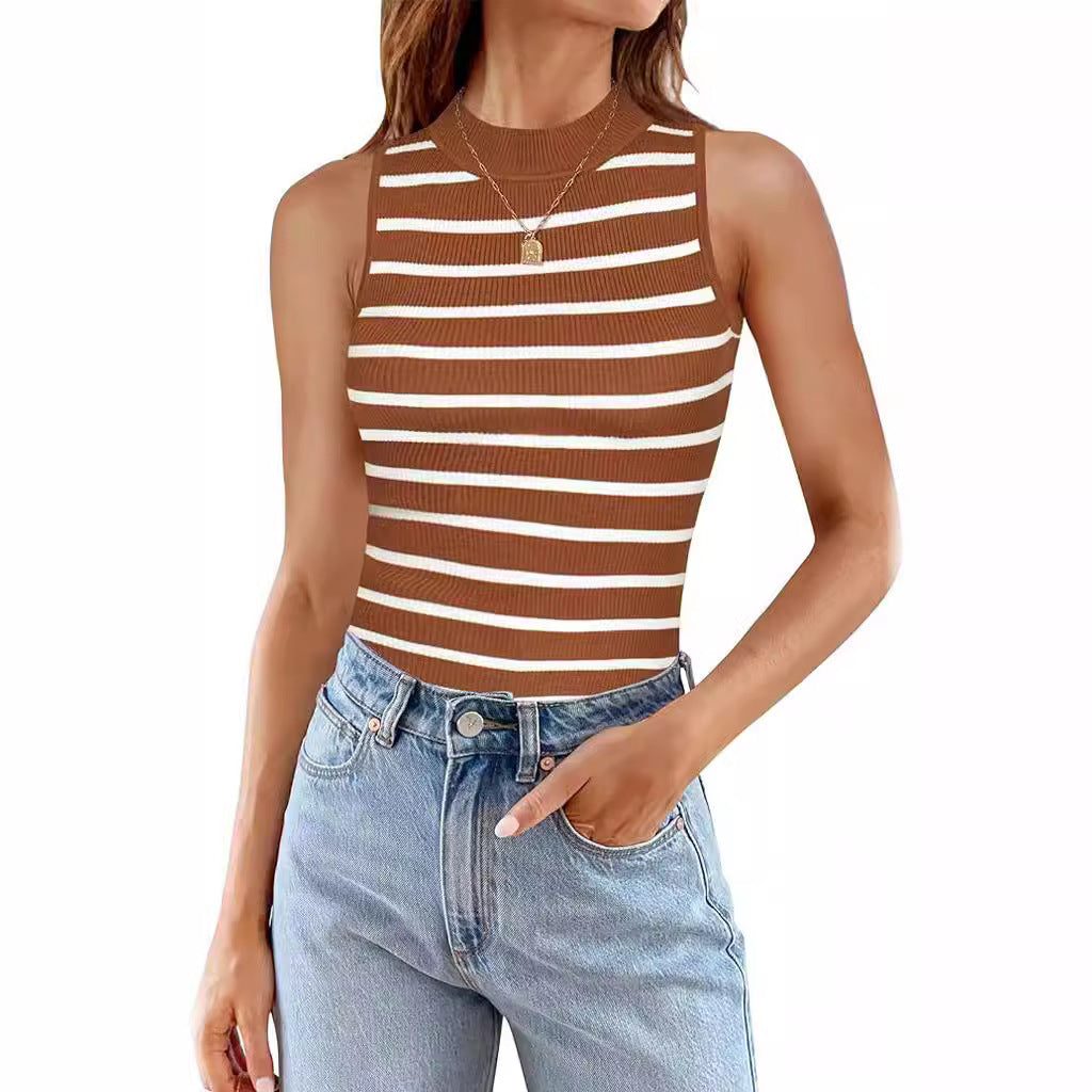 Top de cuello alto sin mangas con rayas para mujer - Corte ajustado