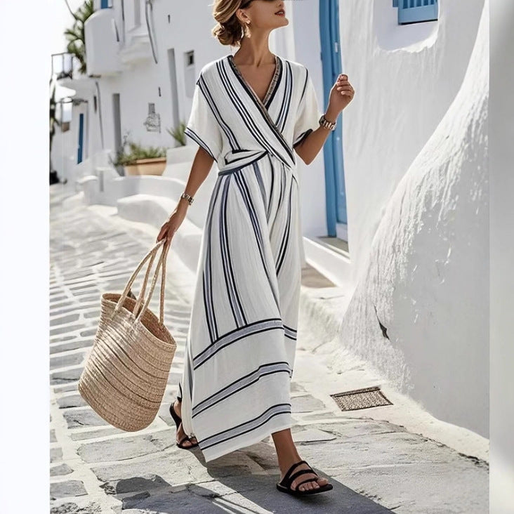 Robe Longue Boho Imprimée Manches Courtes — Robe de Plage Femme Été 2026