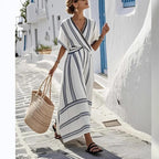 Robe Longue Boho Imprimée Manches Courtes — Robe de Plage Femme Été 2026