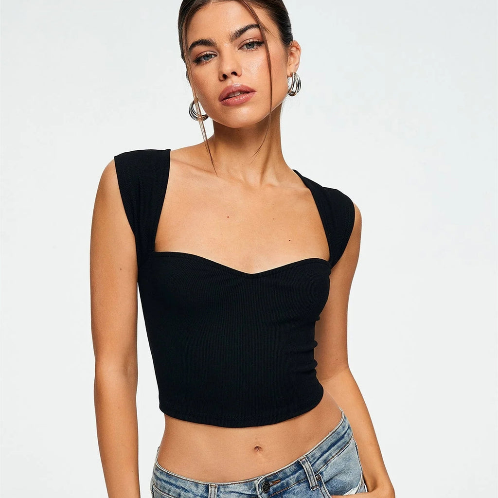 Crop Top Sans Manches Col Cœur Côtelé Femme
