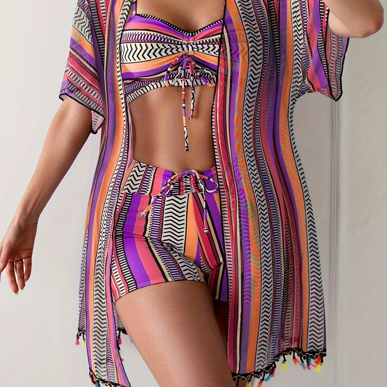 Striped Three-Piece Bikini — Women's Summer Swimsuit Set 2026