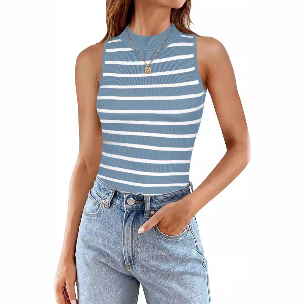 Top Col Roulé Sans Manches Rayé Femme - Coupe Slim