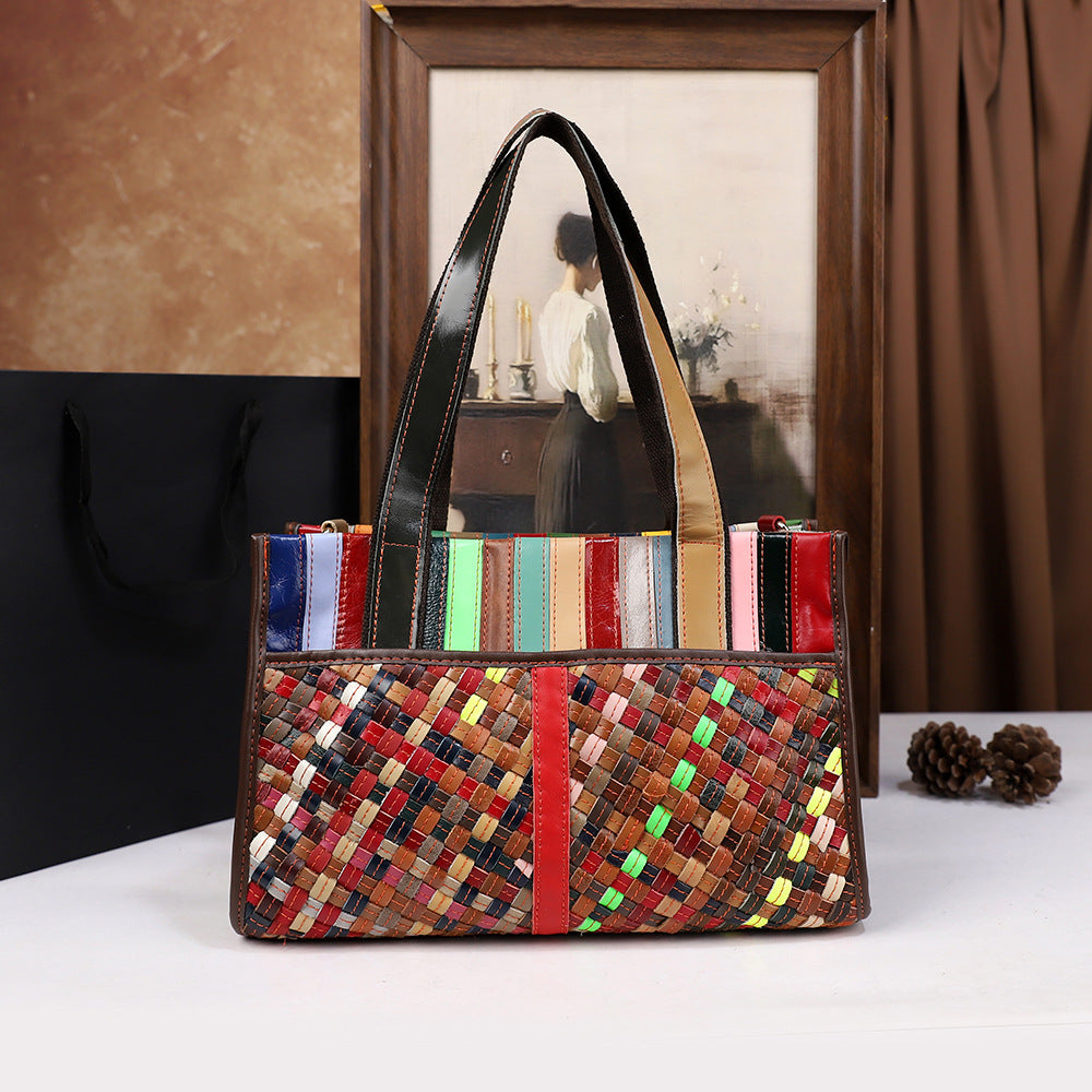 Sac Vintage Femme Cuir Patchwork Tressé Bicolore — Artisanal Luxury FuturaTrend