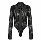 Body de encaje para mujer con cuello Peter Pan y lazo - Elegante y atrevido | Negro y blanco S M L